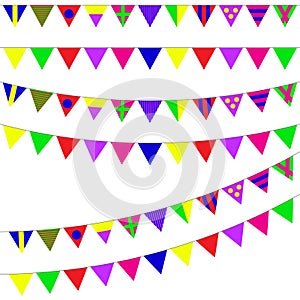 Bunting and garland set isolated on white background. Colorful festive flags. Vector pennant illustration. Design elements